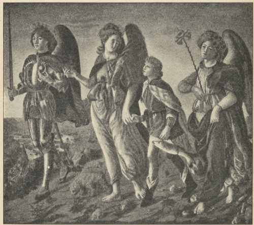 Fig. 138. Tobiasz prowadzony przez aniołów. Verocchio(?). Florencya. Akademia.