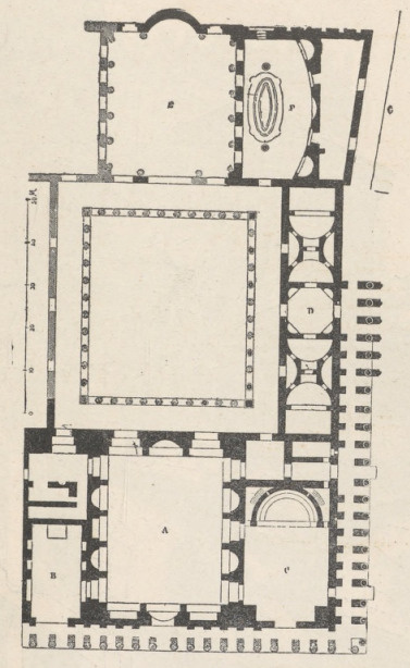 Fig. 309. Pałac Flawiuszów na Palatynie.<br>A. Sala tronowa. Tablinum. B. Lararium. C. Bazylika. E. Sala jadalna (triclinium). F. Nymfeum. G. Świątynia Jowisza zwycięzcy.