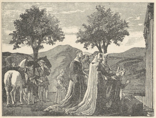 Fig. 140. Królowa Saby klęcząca przed drzewem Krzyża Świętego. Obraz ścienny Piera de Franceschi. Arezzo.