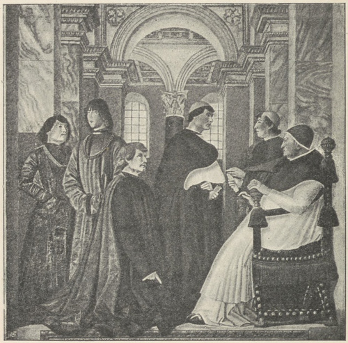 Fig. 141. Sykstus IV przyjmuje uczonego Platynę. Obraz ścienny Melozza da Forli. Rzym. Watykan.