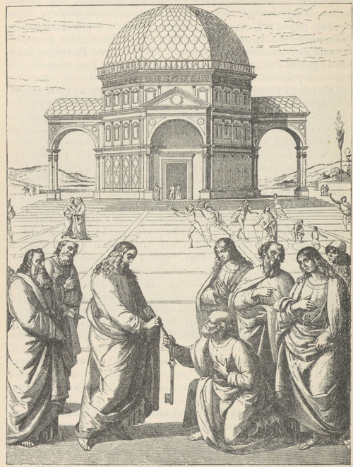 Fig. 161. Grupa środkowa. Wręczenia kluczów. Pietro Perugino. Rzym. Kaplica Syxtyńska.
