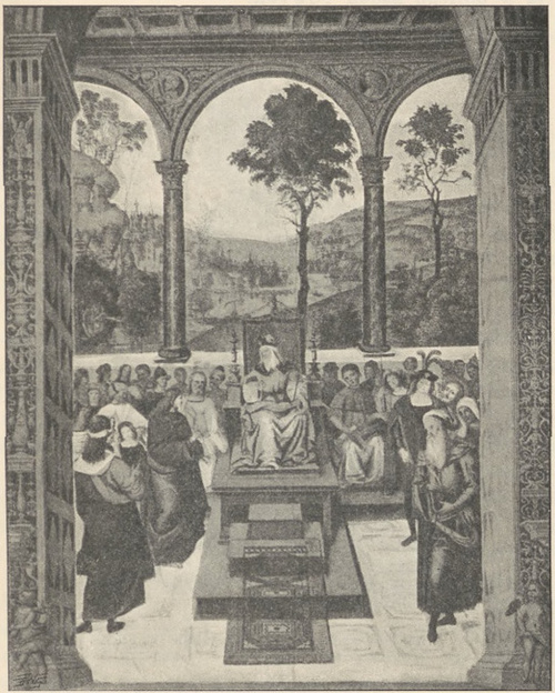Fig. 165. Eneasz Sylwiusz, poseł przyjmowany przez króla szkockiego. Obraz ścienny Pinturicchia. Siena. Biblioteka katedralna.