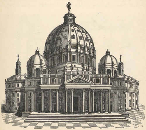 Fig. 181. Widok fasady koś. Św. Piotra podług planu Michała Anioła.