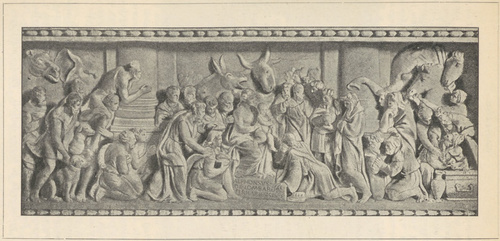 Fig. 212. Hołd trzech królów. Płaskorzeźba Alfonsa Lombardi na cokole arki Ś. Dominika. Bolonia.
