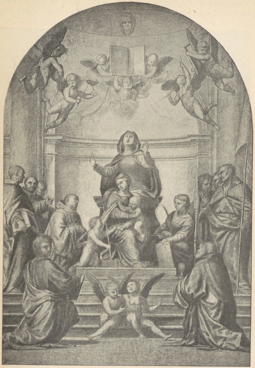 Fig. 215. Madonna na tronie w otoczeniu Świętych. Fra Bartolommeo. Florencya. Uffizi.