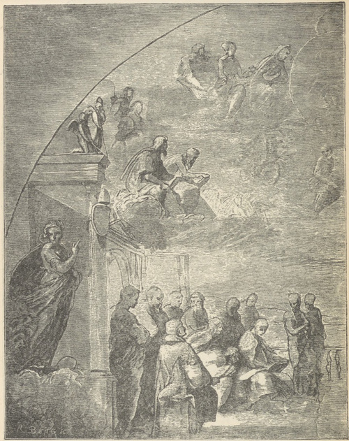 Fig. 216. Rysunek Raffaela, podmalowany sepią. Studyum do Dysputy. Windsor.