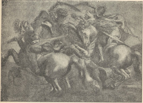 Fig. 228. Grupa konnych z Bitwy pod Anghiari. Leonardo da Vinci. Rysunek (Rubensa?) w Luwrze.