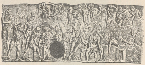 Fig. 329. Szturm stolicy Daków. Płaskorzeźba z kolumny Trajana w Rzymie.