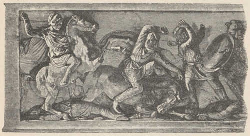 Fig. 331. Część boku podłużnego t. zw. sarkofagu Aleksandra z Sydonu. Konstantynopol.