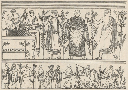 Fig. 345. Scena uczty i polowania. Malowidło etruskie z groty pod Corneto.