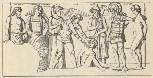 Fig. 346. Ofiara Achillesa. Malowidło etruskie z grobu François pod Vulci.