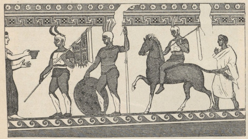 Fig. 347. Powrót rycerzy. Malowidło z grobu w Pestum.