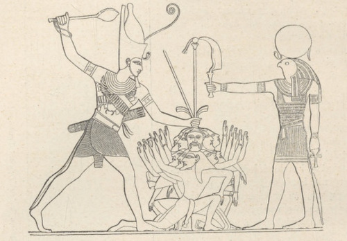 Fig.37. Z grobów w Abu-Simbel w Nubii. Król (Ramzes II) zabija swoich nieprzyjaciół