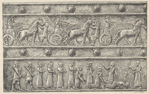 Fig.50. Z bramy w Balawat. Płyta bronzowa kuta. Londyn. Muzeum brytańskie