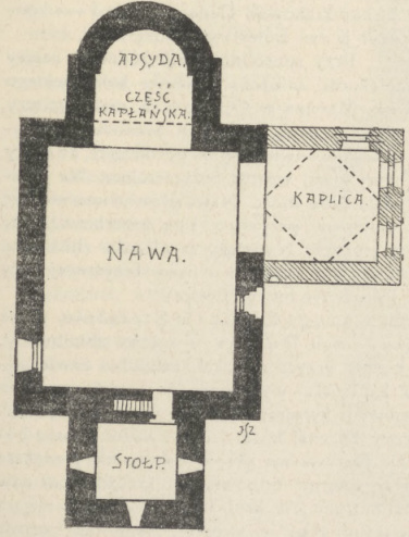 Rys. 106. Rzut poziomy kościoła w Kościelcu — koło Inowrocławia, (Kaplica przybudowana w r. 1555.