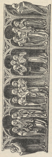 Rys. 114. Bok grobowca Henryka IV., księcia na Szląsku, Krakowa i Sandomierza, w kościele Ś-go Krzyża we Wrocławiu. - Dzieło związane ze sztuką Piastowską Stylu Nadwiślańskiego przez pomysł i wykonanie. Zasadą kształtowania to cztery wnęki z laską przedziału na osi głównej. (Prawo podwójnego połowienia). Ten sam podział później na grobowcu Kazimierza W. w Krakowie, z płaczkami we wnękach.