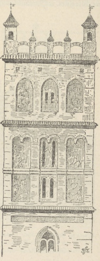 Rys. 153. Wieża kościoła parafialnego w Środzie (W. Księstwo Poznańskie) wedIe rysunkii starego z „Przyjaciela Ludu 1835 roku”. U góry zawiązek czoła czyli attyki polskiej