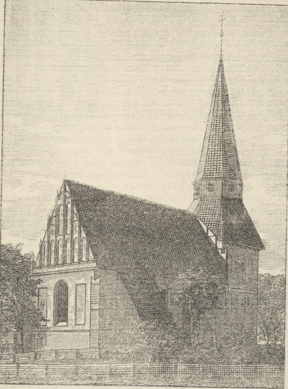 Rys. 165. Kościół w Steblewie na Kaszubach. — W szczycie laska na osi głównej, a ośmiobok chełmu wieżowego krawędziami po osiach ustawiony.