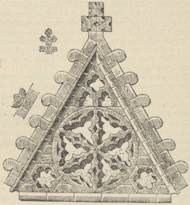 Rys. 176. Szczytnica z cegły kształtowanej, wykonana z gwiazdą sześciopromienną w osi — zatem o lasce w pośrodku. (Z Przecławia), (Wedle dzieła: »Formenlehre der norddeutschen Backsteingothik« — Gottlob T.)