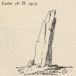 Rys. 2. Grobowiec przedhistoryczny z jednego głazu wkopanego złożony. Jest to t. zw. kamień odosobniony albo samotnik (Menhir).
