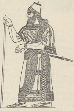 Rys. 35. Postać króla z pałacu w Nimrud. (Layard). Rzeźba płaska — jedna z najpiękniejszych
