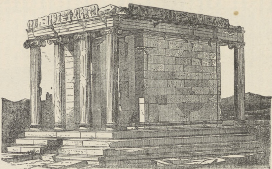 Rys. 45. Świątynia mała bogini “bezskrzydlnej”, czyli Nike Apteros. Jest to założenie o dwóch podczółkach, czterosłupowe. Porządek architektoniczny joński. Cała wykonana z marmuru pentelikońskiego. - (Z dzieła A. Botticher’a).