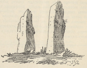 Rys. 4. Grobowiec przedhistoryczny z dwóch głazów wkopanych złożony. Jest to t. zw. dwojak albo kamień podwójny. — (Menhir podwójny).