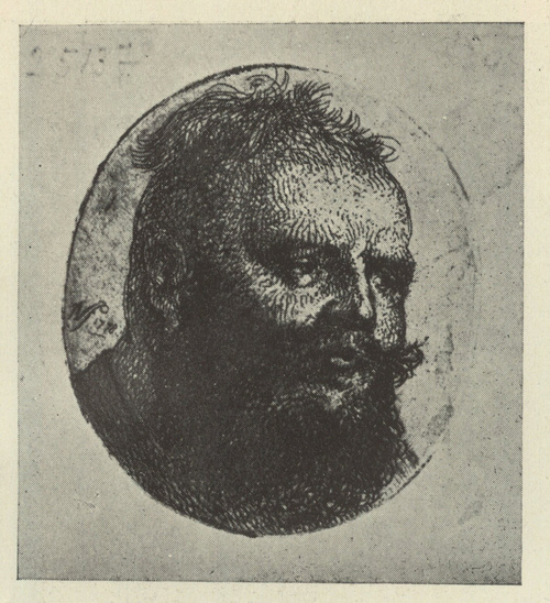 GŁOWA SZLACHCICA Z BUJNĄ CZARNĄ BRODĄ. Wymiary oryg. 3,2X2,8 cm. Wykaz rycin: nr. 18, - Ze zb. graf. Muz. Narod. w Warszawie.