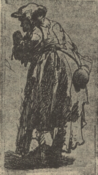 Rembrandt: „Żebraczka z butelką z tykwy“. Akwaforta (B.168).