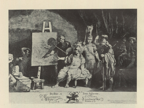 ALEKSANDER W. W PRACOWNI APELLESA. Oryg. wymiary: 24,2X34 cm. - Wykaz rycin nr. 1. - Dwie odbitki tej samej ryciny reprezentujące 2 różne stany płyty. - Ze zb. graf. Muz. książąt Czartoryskich w Krakowie.