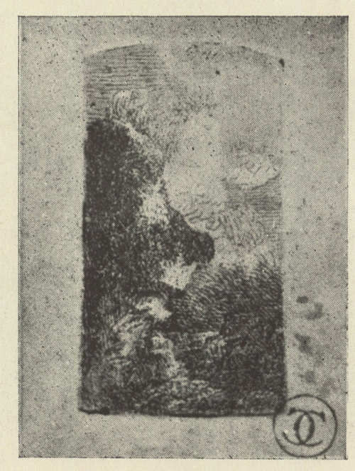 DROGA POD SKAŁĄ. Akwaforta. Wymiary oryg.: 3,5X1,8 cm. - Wykaz rycin: nr. 25. Ze zb. graf. Muz. książąt Czartoryskich w Krakowie.
@9{PASTUCH Z KIJEM. Wym. oryg. 4,4X2,5 cm. Wykaz rycin: nr. 24. - Z kol. Muz. Miejsk. Hist. i Sztuki w Łodzi.