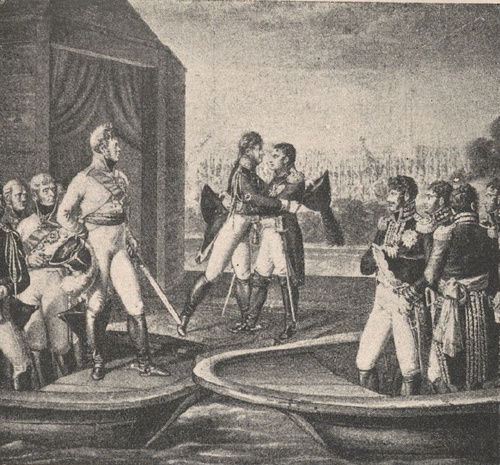 Spotkanie Napoleona z cesarzem Aleksandrem I na Niemnie d. 25 czerwca 1807 r. Według rysunku Wolffa w galeryi narodowej w Berlinie.
