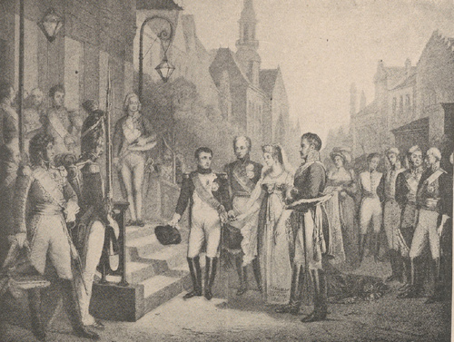 Napoleon przyjmuje królowę pruską Ludwikę w Tylży dnia 6 lipca 1807 r. Według obrazu Grossa w muzeum wersalskiem.