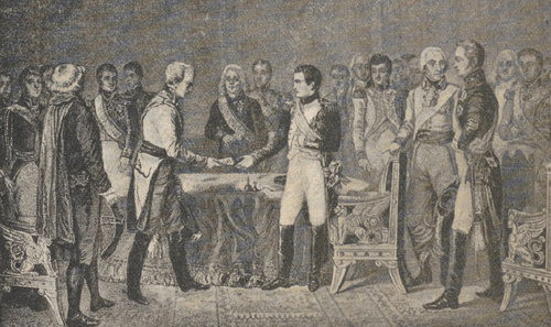 Talleyrand, Jerome, gen. Vincent, Napoleon, Fryd. August saski, ces. Aleksander I, Dalberg. Napoleon przyjmuje na kongresie w Erfurcie posła austriackiego gen. Vincenta.