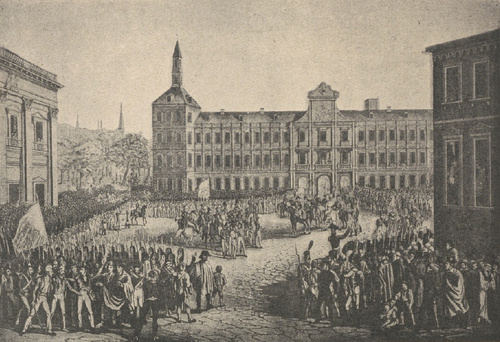 Załoga Madrytu składa przysięgę na konstytucyę w r. 1812. Z obrazu I. A. Rugendas’a.