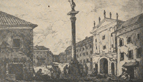 Plac Zygmunta i Brama Krakowska. Ze sztychu Anety Tyszkiewicz. — Ze zbiorów M. Olszyńskiego.