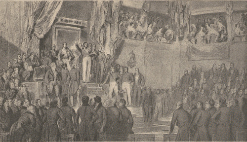 Ludwik Filip, król Francuzów, składał przysięgę na konstytucyę d. 9 sierpnia 1830 r. Według obrazu E. Deveria.