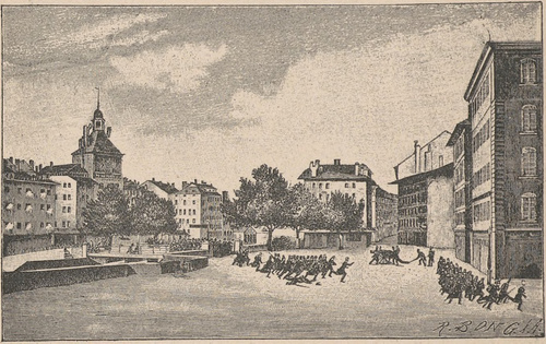 Rewolucya w Genewie d. 7 października 1846 r. Według współczesnego miedziorytu.