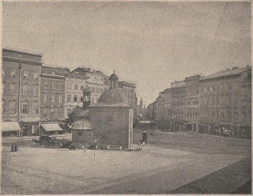 Główny rynek z kościołem Św. Wojciecha w Krakowie. Ze starego sztychu.