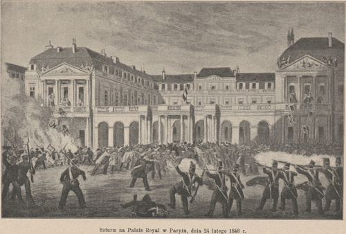 Szturm na Palais Royal w Paryżu, dnia 24 lutego 1848 r. Według ryciny współczesnej.