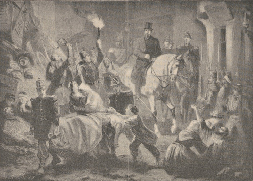Ludwik Napoleon na barykadach w Paryżu, dnia 4 grudnia 1851 r. Według litografii G. Barischa.