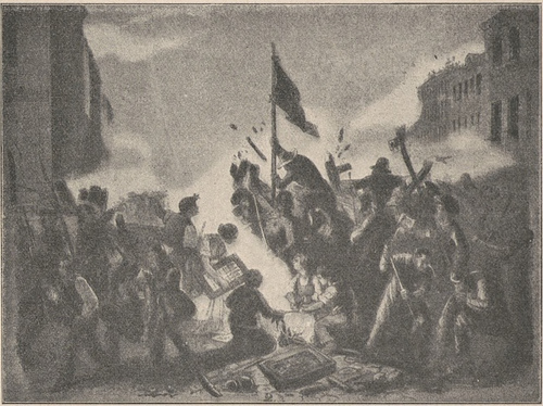 Barykada na ulicy Fryderykowskiej w Berlinie, dnia 18 marca 1848 r. Według litografii współczesnej.