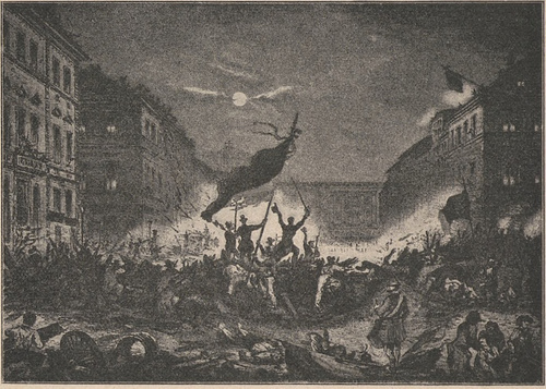 Barykada na ulicy Szerokiej w Berlinie, dnia 18 marca 1848 r. Według litografii współczesnej.