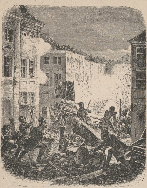 Barykada przed ratuszem Kotońskim w Berlinie, dnia 18 marca 1848 r. Według rysunku I. Kirchhoffa.