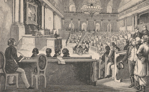 Posiedzenie pierwszego parlamentu austryackiego w Ujeżdżalni w Wiedniu, w roku 1848. Według ryciny współczesnej.