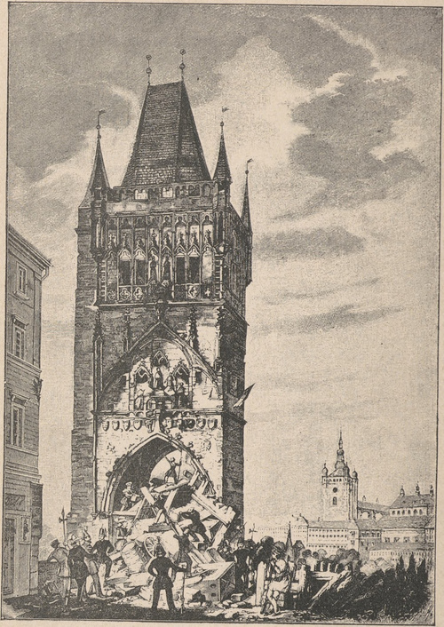 Barykada przy Bramie staromiejskiej w Pradze, dnia 16 czerwca 1848 r. Według współczesnego sztychu.