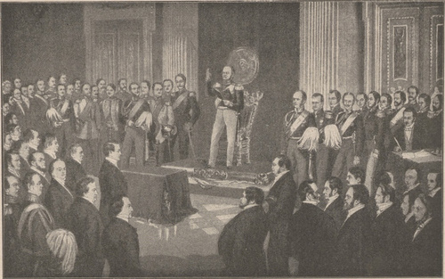 Fryderyk Wilhelm IV składa przysięgę na konstytucyę, dnia 6 lutego r. 1850. Według rysunku Pawła Burdego.