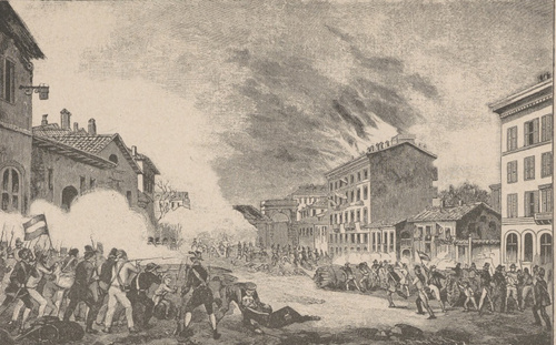Walka przy Porta Tosa w Medyolanie, dnia 22 marca 1848 r. Według ryciny współczesnej.