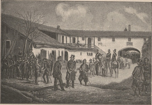 Wiktor Emanuel. Badetzky. Spotkanie hr. Radetzkyego z Wiktorem Emanuelem, dnia 24 marca 1849 r. Według litografii Adama.