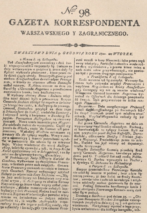 Zmniejszona podobizna „Gazety Koresp. Warsz . i Zagr.“ z r. 1800.